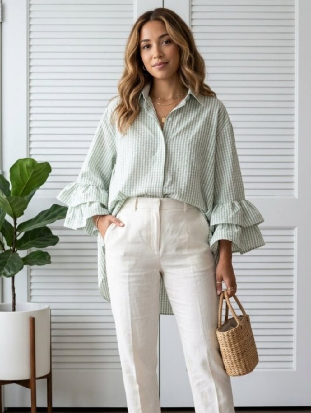 Ruffled Sleeve Button-Front Blouse - Light Sage Check NEW XL